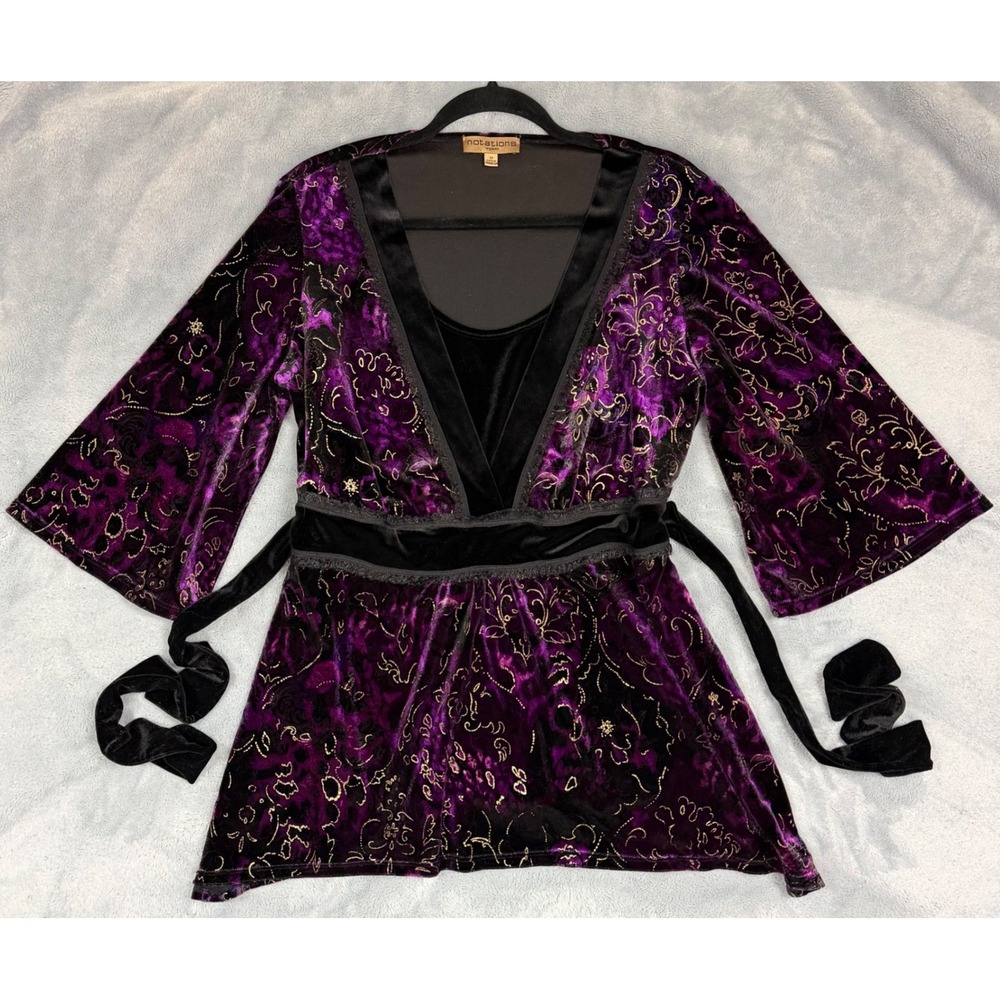 Notations Woman Purple Velvet Floral Burnout Tunic Top Bell Sleeve Gold 1X